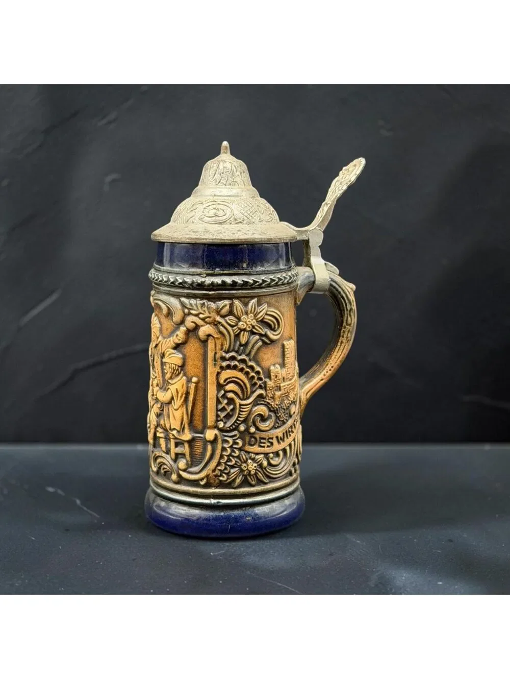 Vintage Gerz West Germany Beer Stein Metal Lid Cobalt Blue Relief Tankard 7
